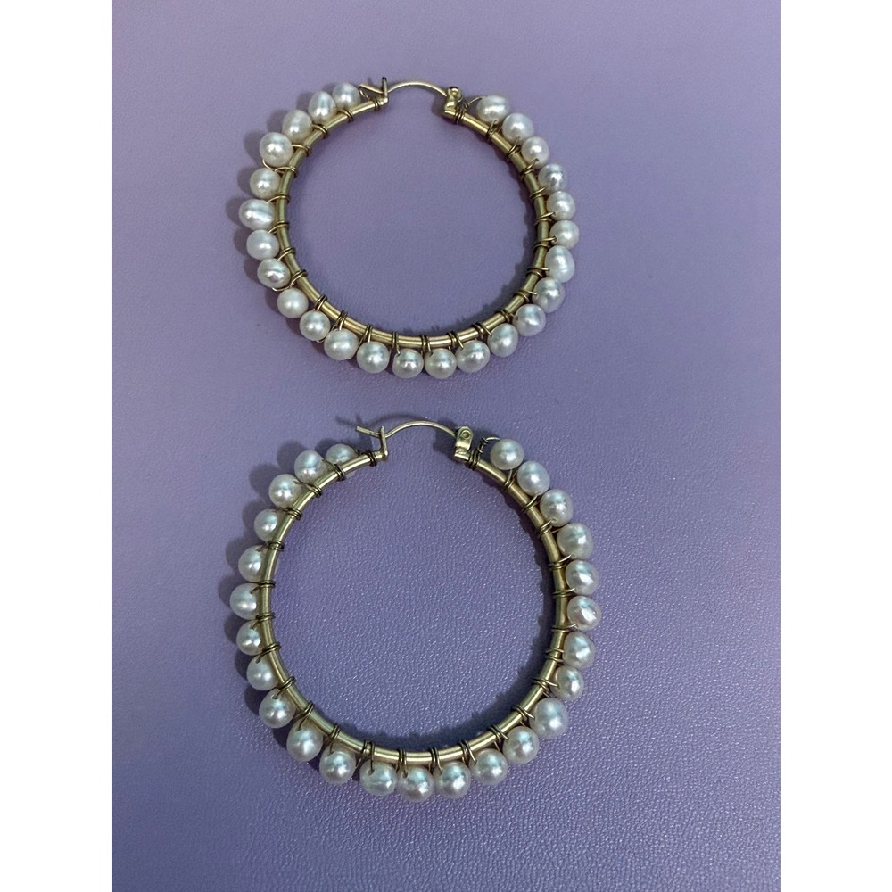Vintage Gold Tone Faux Pearl Hand Wrapped Hoop Earrings Large Statement Boho 2in